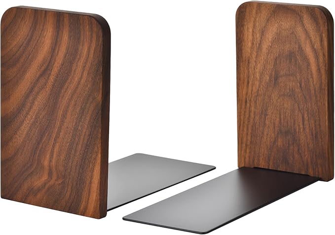 Book Ends, Black Walnut Wooden Bookends for Shelves - Heavy Duty Non-Slip Book Organizers, Upgraded Decorative Bookend Holders for Home, Kitchen, Office, Set of 2, Small