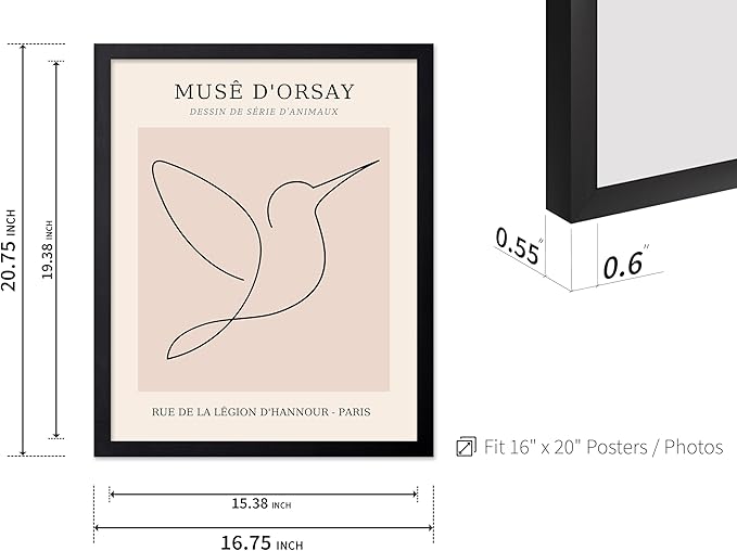 Poster Master Vintage Poster - Retro One Line Hummingbird Drawing Print - Bird Line Art - Minimal Gift for Him, Her, Animal Lover - Abstract Decor for Home, Office, 16x20 Black Framed