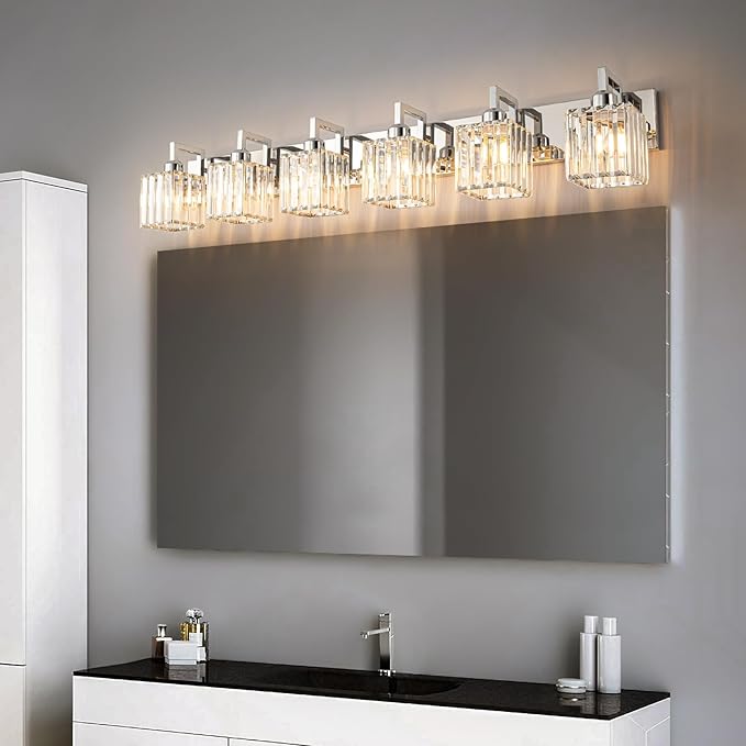 Modern Bathroom Vanity Light 6-Lights Chrome Crystal Wall Lamp Bathroom Modern Crystal Vanity Lighting