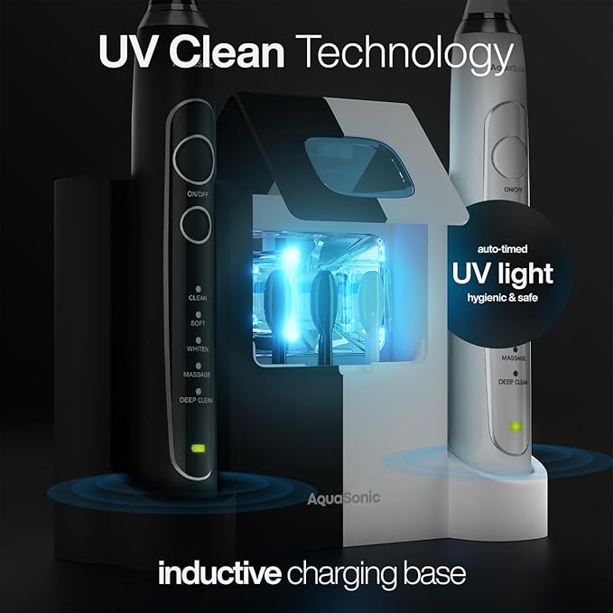 Aquasonic Duo PRO – Ultra Whitening 40,000 VPM Electric ToothBrushes – ADA Accepted - 5 Modes with Smart Timers - UV Sanitizing & Wireless Charging Base - 10 Proflex Brush Heads & 2 Travel Cases