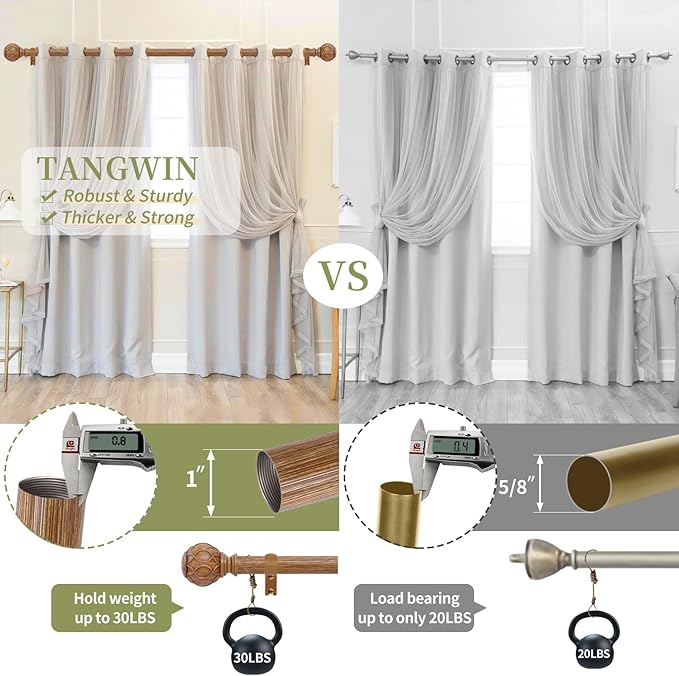 Wood Boho Curtain Rods for Windows:18-60Inch Wooden Farmhouse Curtain Rod for Bedroom Living Room,Heavy Duty Adjustable Rustic Decorative Drapery Rods with Vintage Imitation Wood Finial,Brown