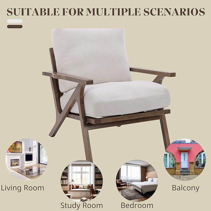 Wahson Set of 2 Mid Century Arm Chairs and Ottomans, Upholstered Accent Armchair with Wood Frame and Linen Cushions, Leisure Slipper Chair for Living Room/Bedroom, Cream