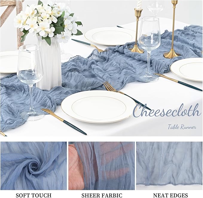 6 Pack Dusty Blue 10FT Cheesecloth Table Runner Rustic Gauze Fabric Cheese Cloth Table Runner for Wedding Bridal Baby Shower Table Decor 20 x 120 Inch Long Boho Sheer Birthday Party Table Decorations