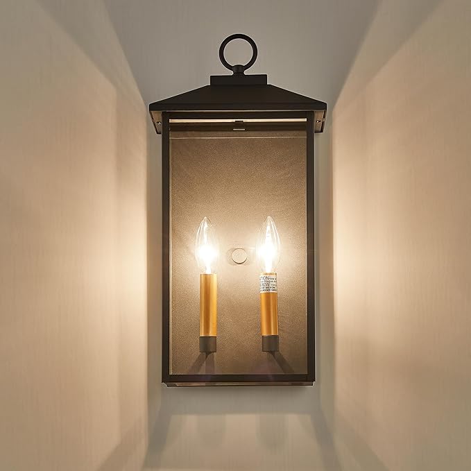 18 Inch Wall Light in Clear Glass and Textured Black and Golden Candle Cap Sleeve,Outdoor Lighting Wall Sconce,2-Light 120watts for House Doorway Garage,Bulb Not Included.