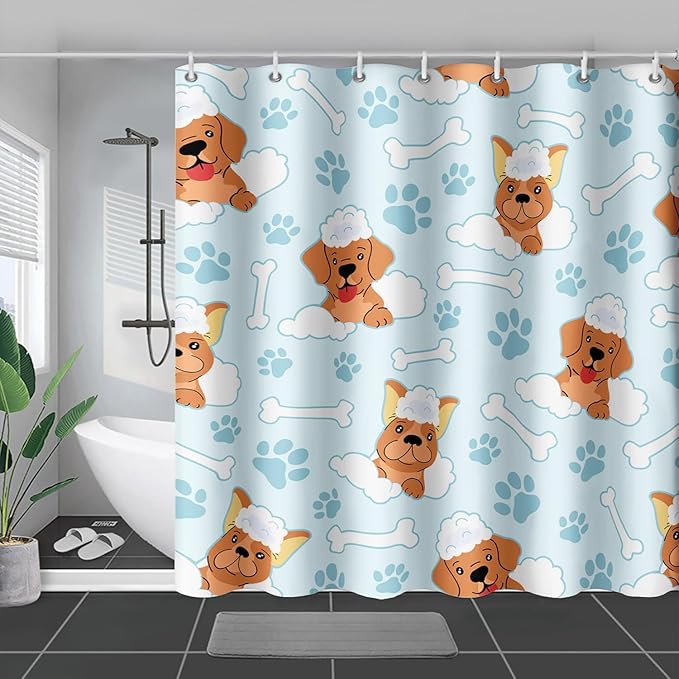 AILONEN Cute Dog Shower Curtain,Cute Bulldog Labrador Dog Print Shower Curtain, 48" W*72" H Waterproof Happy Shower Puppy Dog Lover Curtain with Grommets and 12 Hooks