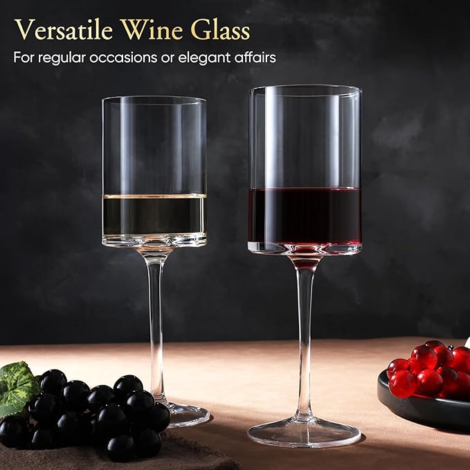 Premium Crystal Wine Glasses - Hand Blown, Thin Rim, Long Stem, Square Unique Design - Set of 4, 15oz - Perfect for Men or Women, Wedding, Anniversary, Christmas, Birthday Gift