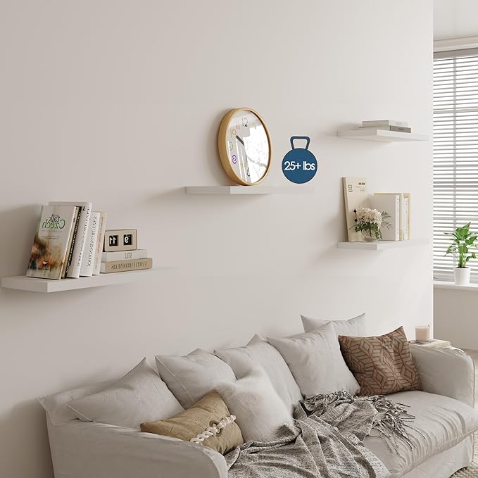 Wall Shelf Set of 2, White Floating Shelves 36 in W x 10 in D x 1 in H, Wooden Floating Wall Shelf with Invisible Brackets for Living Room/Bedroom/Bathroom/Kitchen Storage and Decor