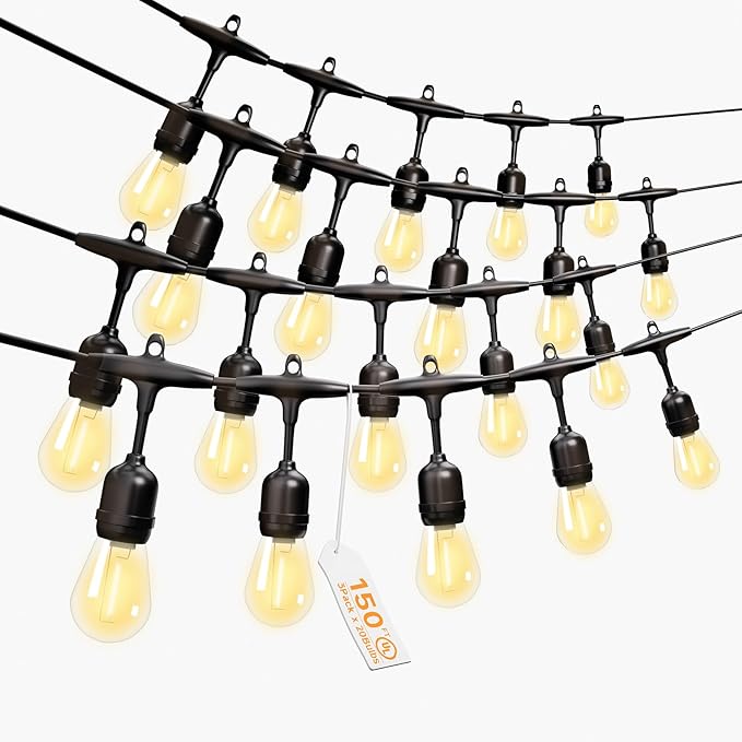 Outdoor Safety String Lights 150FT - 24V 20W Commercial Grade Low Voltage Strand with 60 S14 Shatterproof Bulbs for Tree Garden Yard Cafe Bistro | Warm Yellow 3500K | IP65 Waterproof | UL Listed
