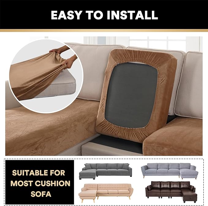 PrinceDeco Sectional Couch Covers 4 Pieces Couch Covers for Sofa Velvet Separate Couch Cover L Shape for Left/Right Chaise(3 Seater + 1 Chaise,Camel)