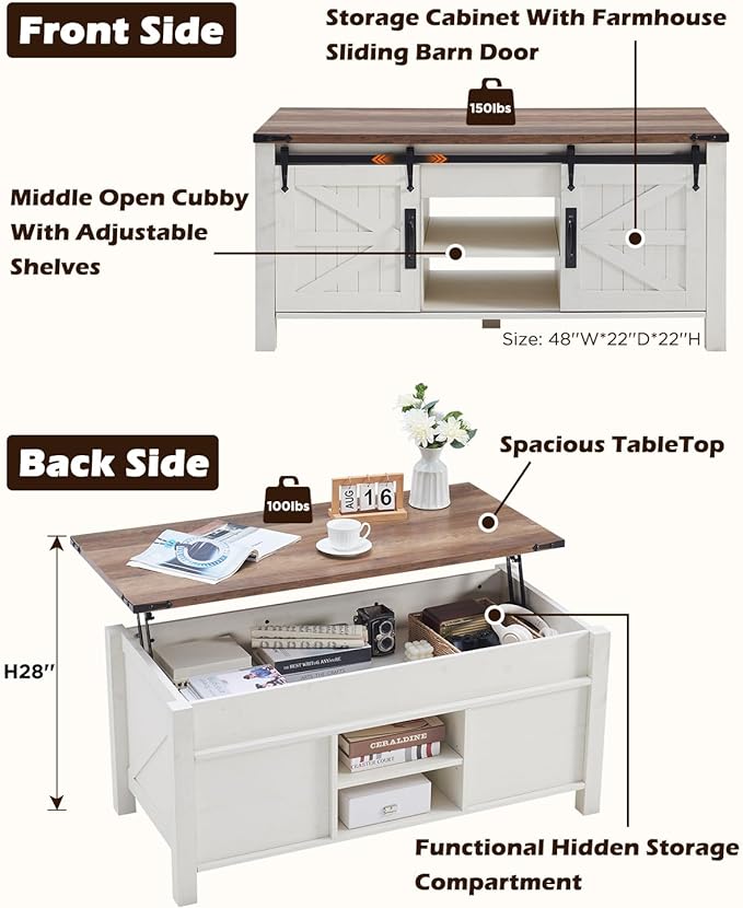 OKD 48" Farmhouse Lift Top Coffee Table with Sliding Barn Door,Rustic Center Table with Hidden Storage Compartment,Lifting Tabletop and Adjustable Shelf for Living Room,Office,Antique White