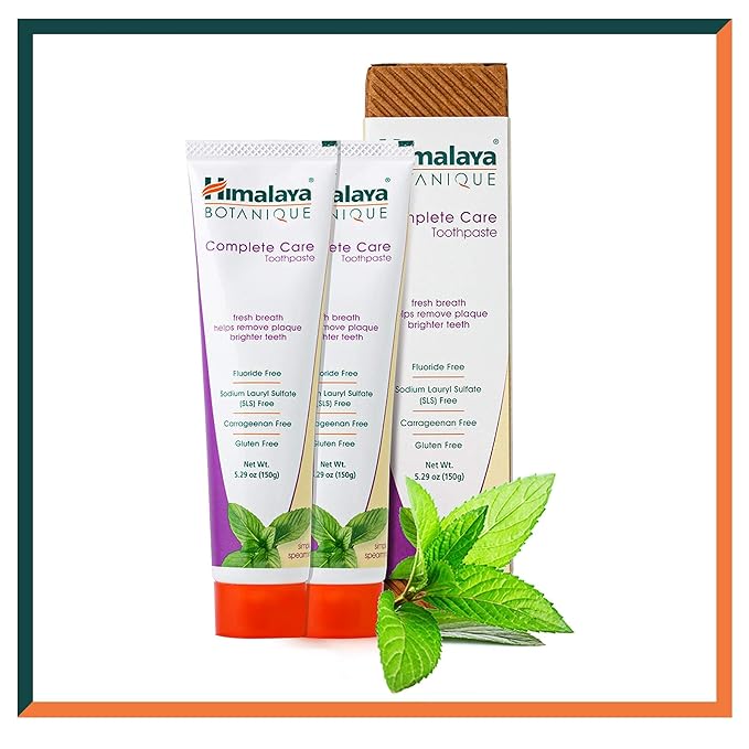 Himalaya Botanique Complete Care Toothpaste, Simply Spearmint, Fluoride Free Plaque Reducer for Brighter Teeth and Fresh Breath, 5.29 oz, 2 Pack
