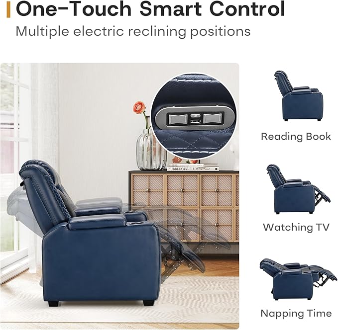 ANJ Power Home Theater Seating, PU Leather Electric Recliner Chair with Powered Headrest, Dual Motors Movie Reclining Chairs with LED Lights,USB Port, Cup Holders, Hidden Arm Storage (Blue & Black)