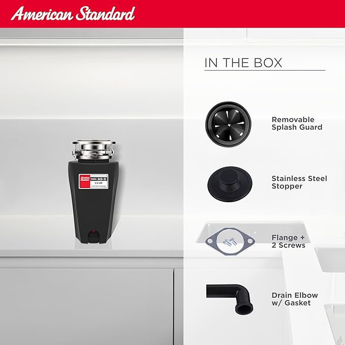 American Standard 10-US-AS-5 Garbage Disposal Anti-Jam Stainless Steel Food Waste Grinding System, Slim Line, 1/2 HP, Black