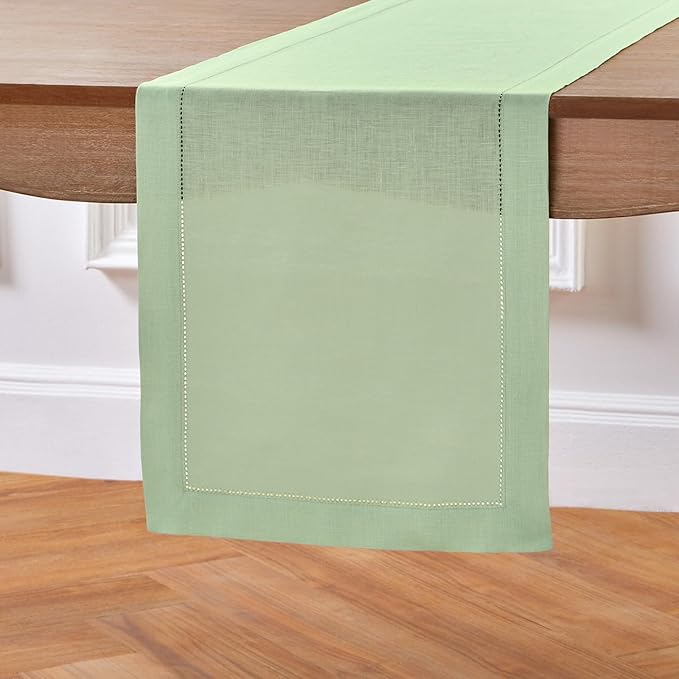 Solino Home Linen Light Green Hemstitch Table Runner 48 Inches - 100% Pure Linen Small Table Runner 14 x 48 Inch Ideal for Dresser and Coffee Tables - Classic Hemstitch