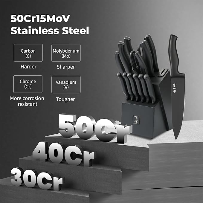 ZHANG XIAO QUAN SINCE 1628 15Pcs Knife Sets with Block, knife sets for kitchen with block High Carbon Stainless Steel Built-in Sharpener Dishwasher Safe(Black)