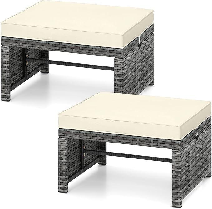 Tangkula 2 Pieces Patio PE Rattan Ottomans, Multipurpose Outdoor Footstool Footrest Additional Seating Side Table with Soft Zippered Cushions for Deck, Garden, and Yard (White)