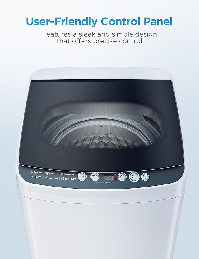 Midea MLTW09M1BWW Portable Washer with 6 Cycles, Drum Clean, Quick, Stainless Steel Tub, Transparent Lid, LED Display Washing Machine, 0.9 cu. ft, White