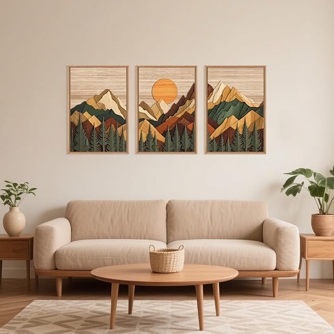 Celestdeco Woodcut Style Mountain Framed Canvas Wall Art Set, Large Brown Ridge Wall Decor, Boho Pine Tree Wall Painting, Abstract Wooden Art Print for Living Room, Bedroom, Office - 16"X24"X3 (Not-3D Effect)