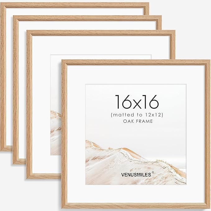 16x16 Picture Frame Set of 4 Natural Solid Oak Photo Frames with 12x12 Removable Mat Wall Hanging Large Handcrafted Frame with HD Plexiglass Wall and Tabletop Display Large Poster Frame