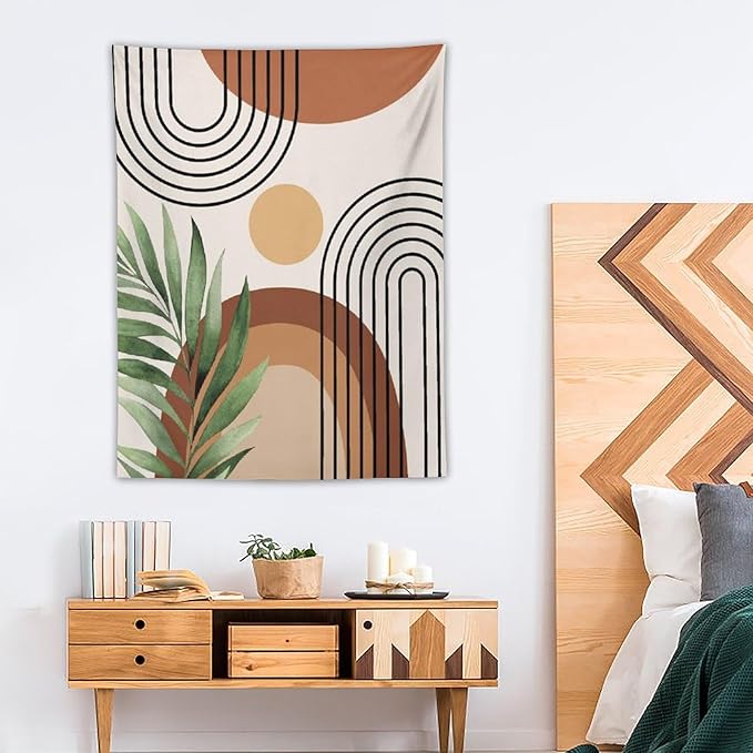 Abstract Bohemian Mid Century Tapestry, Tropical Leaves Modern Geometric Archway Minimalist Bohemian Botanical Aesthetic Wall Hanging, Sage Green Gold Home Decor Art for Bedroom 30x40 Inch