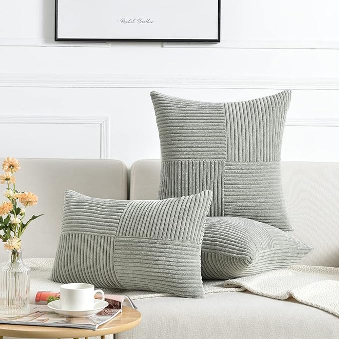 Fancy Homi 2 Packs Grey Lumbar Decorative Throw Pillow Covers 12x20 Inch for Living Room Couch Bed Sofa, Rustic Farmhouse Boho Home Decor, Soft Striped Corduroy Rectangle Accent Cushion Case 30x50 cm