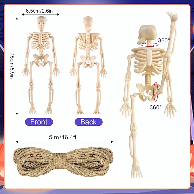 10 Pcs Halloween Mini Skeleton Figurine Decoration,6”Halloween posable Skeleton Decor,Small Plastic Skeleton Figure for Spooky Home Decor Haunted House Decorations Party Favors