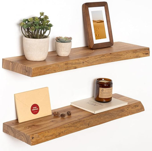 24" Floating Shelves, Live Edge Solid Elm Wood Floating Shelf, Wall Mounted Display Shelves with Heavy-Duty Bracket for Books, Rustic Wooden Shelf for Kitchen, Bathroom, Natural Color, Set of 2