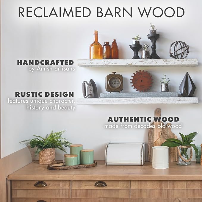 Urban Legacy Reclaimed Barnwood Planks | Floating Shelves for Wall w/Flush Mount Shelf Bracket Set Included | Set of 2 (White Wash, 24"x 4.5"x 2")