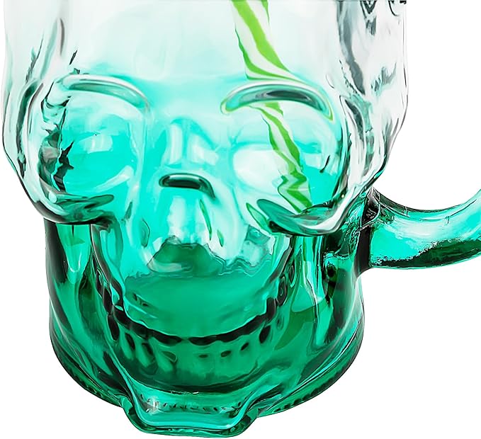 Halloween Cups Set of 4 - Green Skull Glass Drinking Jar with Lids and Straws - Halloween Decor, Drinking Glasses 16 oz