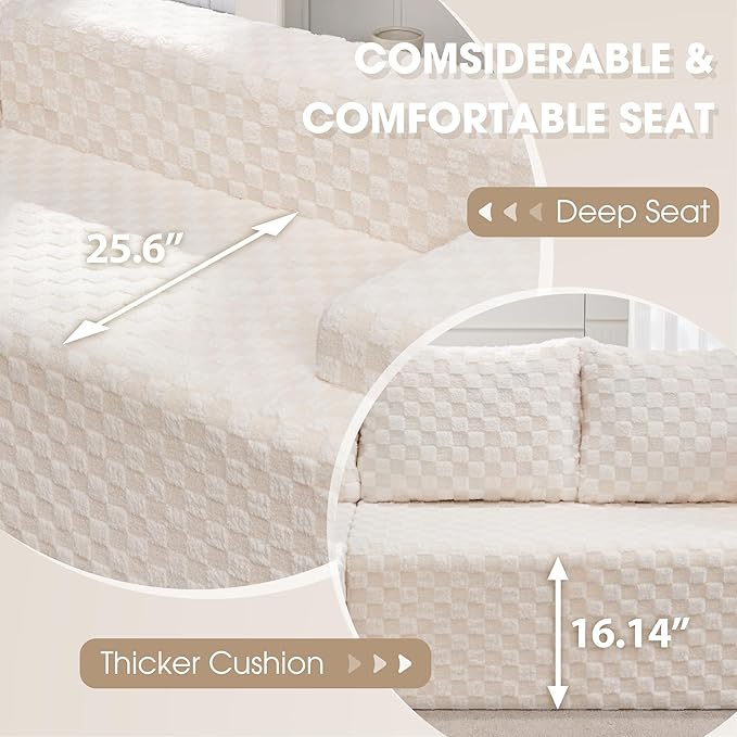 Hobestluk 96” Modular Sectional Sofa Couches L-Shape Couch 3 Seat Modular Sofa Memory Foam Sectional Couches for Living Room, Cloud Couch with Oversized Chaise (White, Checked (Left Facing Chaise))