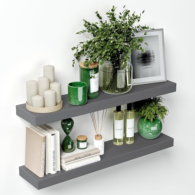 Homeforia Gray Floating Shelves for Wall, Premium Solid Wood Grey Shelf, Grey Bathroom Shelves, Heavy Duty Bracket, 30 x 6.5 x 1.75 inch, Set of 2