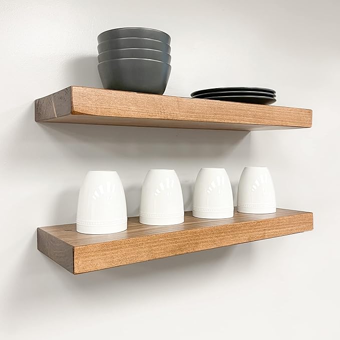 URBANDI, Rustic Floating Shelves, Set of 2, Hidden Bracket, Solid Wood, Heavy Duty, Wall Mounted Shelves, (Brown, 12Wx6D)
