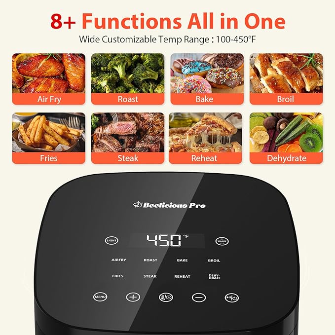 Air Fryer, Beelicious 8-in-1 Smart Compact 4QT Air Fryers, with Viewing Window, Shake Reminder, 450°F Digital Airfryer with Flavor-Lock Tech, Dishwasher-Safe & Nonstick, Fit for 1-3 People, Black