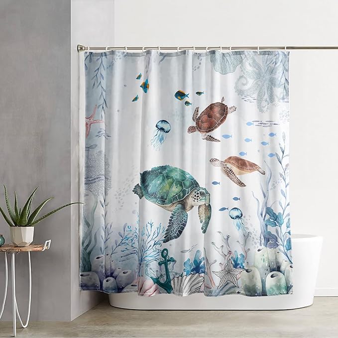 AILONEN Cartoon Sea Turtle Shower Curtain Set, Blue Ocean Animals Waterproof Fabric Shower Curtain,Gouache Anchor Nautical Theme Shower Curtain Liner for Bathroom with Hooks,60" Wx72 H