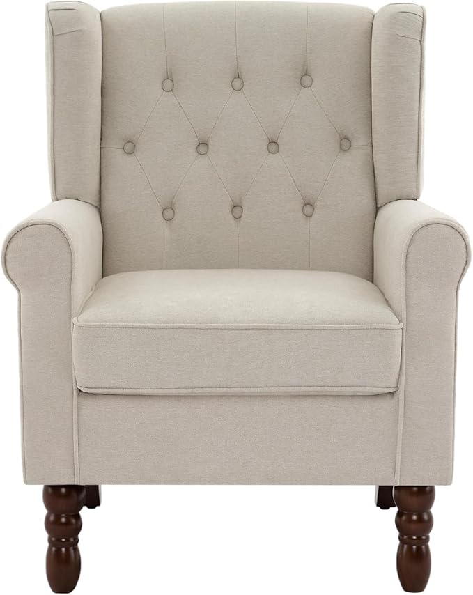 UIXE High Back Accent Chairs Set of 2, Upholstered Armchair in Fabric for Living Room, Retro Wingback Arm Chair Comfy Single Sofa Bedroom Reading Seat with Solid Wood Legs - Beige