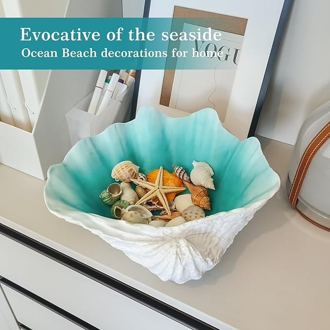 Extra Large Clam Shells Decorative Bowl-Turquoise Sea Shells Decorative Storage Bowls for Coastal Beach theme house table centerpiece decorations & Nautical decorations for coffee table -12.4"-1PC