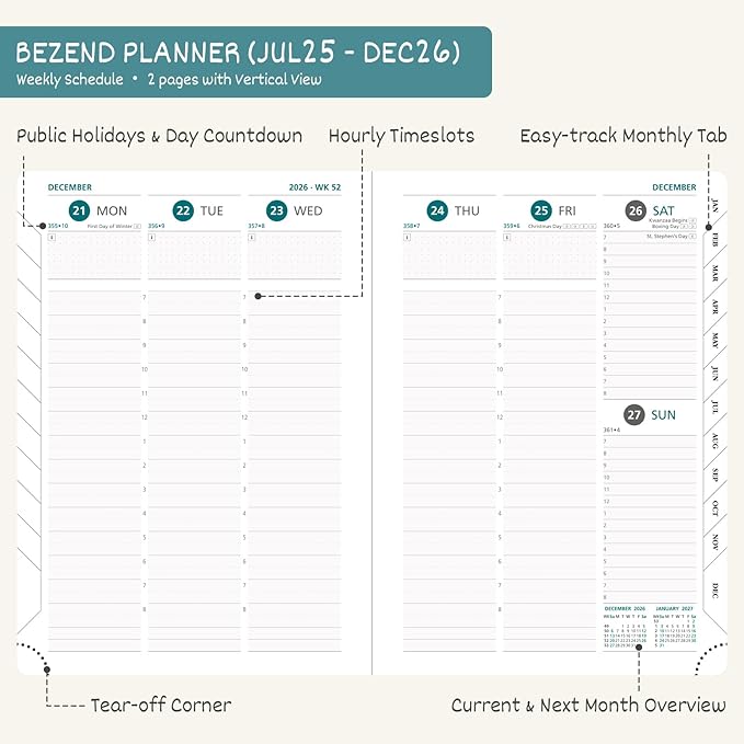 BEZEND Planner 2025-2026 Weekly and Monthly, 5.8" x 8.5" Academic Calendar (Jul 25-Dec 26) Vertical Daily Appointment with Hourly Timeslot & Monthly Tab, PU Leather Hardcover - Dark Green