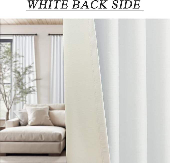104 Inch Long Curtains White Linen Black Out Back Tab Pleated Blackout Curtain for Living Room Bedroom Teen Girls Thick Linen Lightweight Heat Draft Blocking Window Drapes Office Custom Length 2 Panel