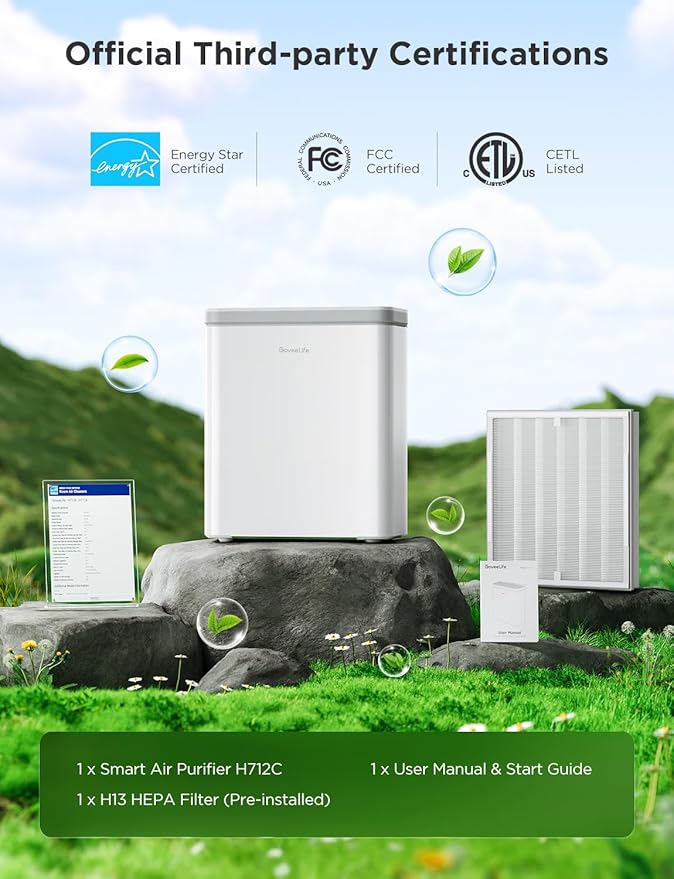 GoveeLife Smart Air Purifier for Home Large Room, Covers up to 1046 ft², Sleep Mode, 3-in-1 Filter Air Purifier with App Alexa Control for Pet Hair, Odors, Pollen and Smoke (no sensor)