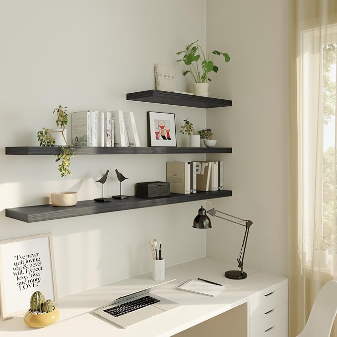 Large Floating Shelves for Wall Set of 2 Wooden Wall Shelves 30 in x 12.75 in x 2 in Room Decor Long Shelf with Invisible Wall Mount Bracket for Bedroom Kitchen Living Room Black Wood