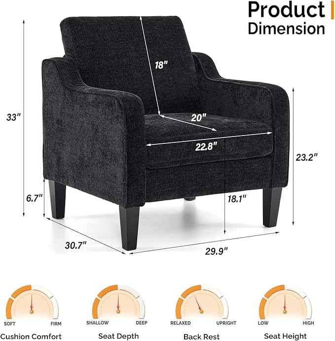 VINGLI Living Room Chairs Set of 2, Black Accent Chair 5.5" Thick Seat Cushion Comfy Chair Soft Chenille Side Chair Upholstered Arm Chair for Bedroom, Play Room, Apartment, Office (Black)