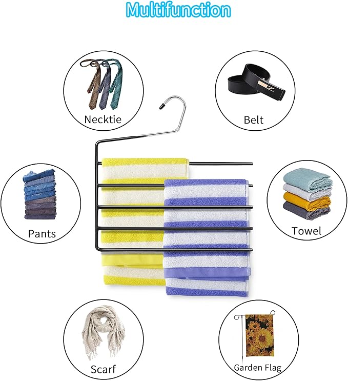Nature Smile Pants Hangers 3pack, Heavy Duty Multi Layers Space Saving Slack Hangers,Non Slip 5 Tier Open-Ended Pants Hanger Closet Storage Organizer for Garden Flags Trousers Jeans Scarf