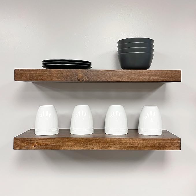 URBANDI, Rustic Floating Shelves, Set of 2, Hidden Bracket, Solid Wood, Heavy Duty, Wall Mounted Shelves, (Provincial, 36Wx8D)