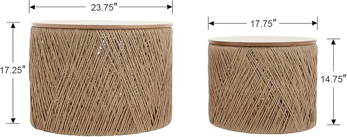 Nesting Coffee Table Set of 2, Natural Round Wooden Coffee Tables Rustic Woven Circle Side/Sofa Table for Small Space Living Room Bedroom Apartment No Assembly Required