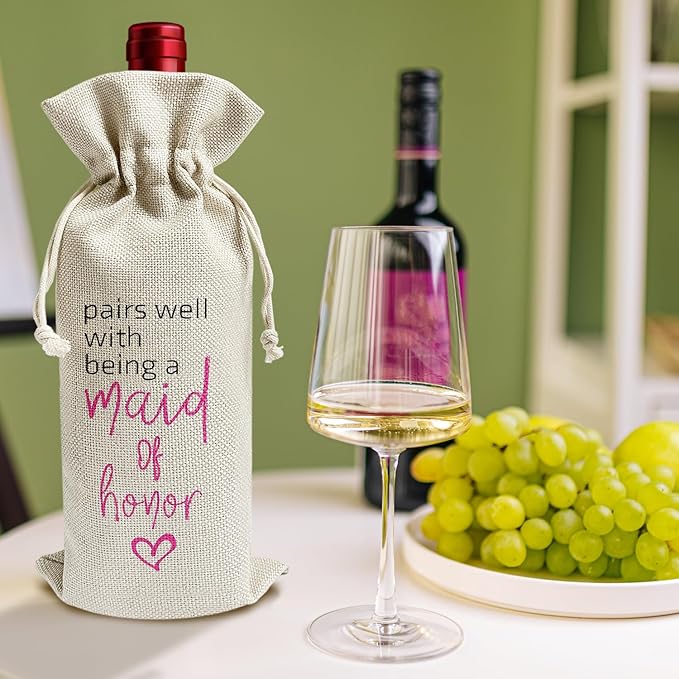 Pairs Well with Being A Maid of Honor - Gifts for Bridesmaid Wine Bags, 1 PC Reusable Drawstring Burlap Wine Bottle Bags, Wedding Gifts for Ladies Women, Bridal Shower Party Decorations -33