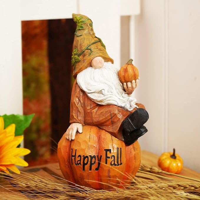 Topadorn Fall Garden Gnome Figurine Sitting on Pumpkin Statue Autumn Harvest Garden Gnomes Statue Figurine for Patio Yard Lawn Porch Decoration, Happy Fall