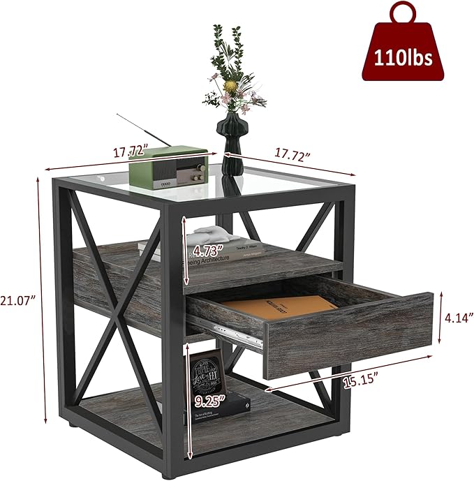 Farmhouse End Table Set of 2, Modern Side Table with Drawer&3-Tier Storage Shelf, Square Rustic Nightstand, Accent Tea Table, for Bedroom Office Living Room, Grey, Natural Wood, Glass, Metal