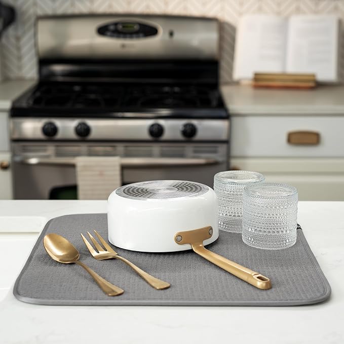 S&T INC. Dish Drying Mat, 16” x 18”, Absorbent Microfiber Kitchen Counter Mat, Dish Drying Pad for Dishes, Utensils, Pots and Pans, Large, Grey