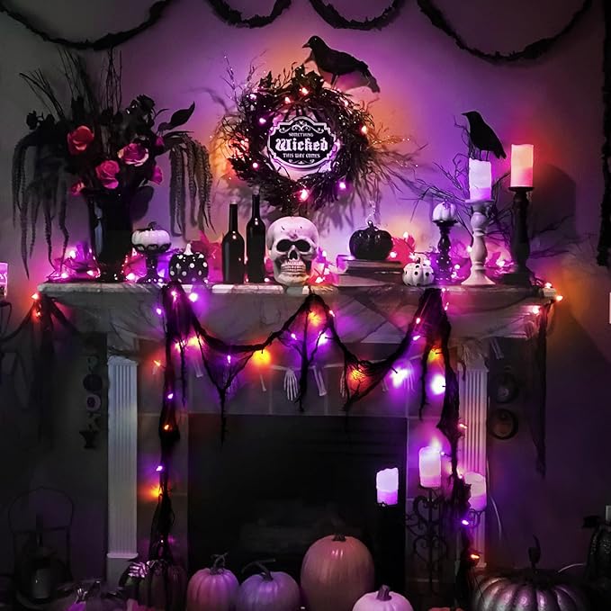 Halloween Horror Atmosphere Lights, Orange&Purple LED String Lights with 9.9FT Creepy Black Gauze, Battery Powered with Timer & 8 Flashing Modes (Orange & Purple)