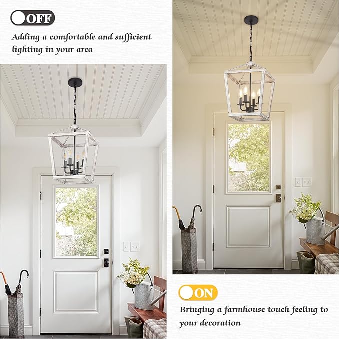 4 Light Rustic Chandelier, Farmhouse Lantern Fixture with Brushed White Oak Cage and Adjustable Chain, E12 Base Geometric Hanging Light Fixture Ceiling lighting for Entryway Kitchen Island, Indoor Use
